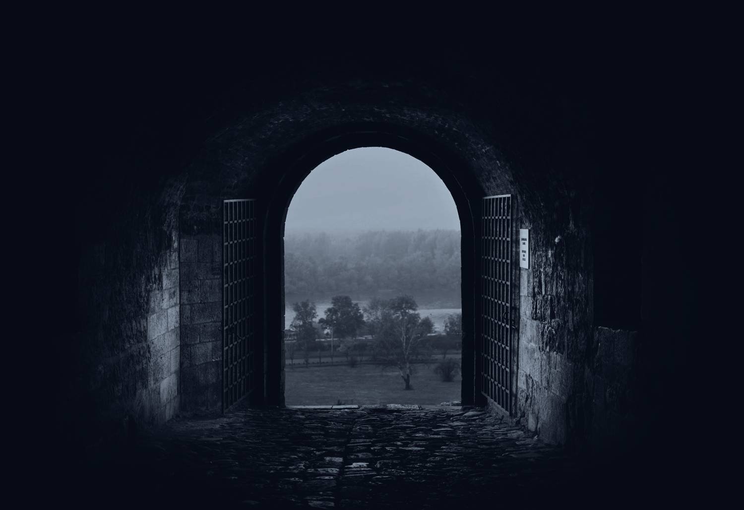 A stone archway opening from darkness onto open country